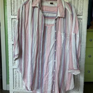 Anthropologie Pink, White & Blue Striped Lightweight Button-Down Shirt
